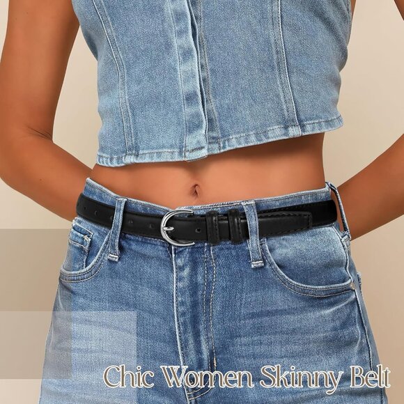 Women Leather Belt Faux Leather Size 26-52 Inch Silver Buckle Thin - Picture 3 of 7